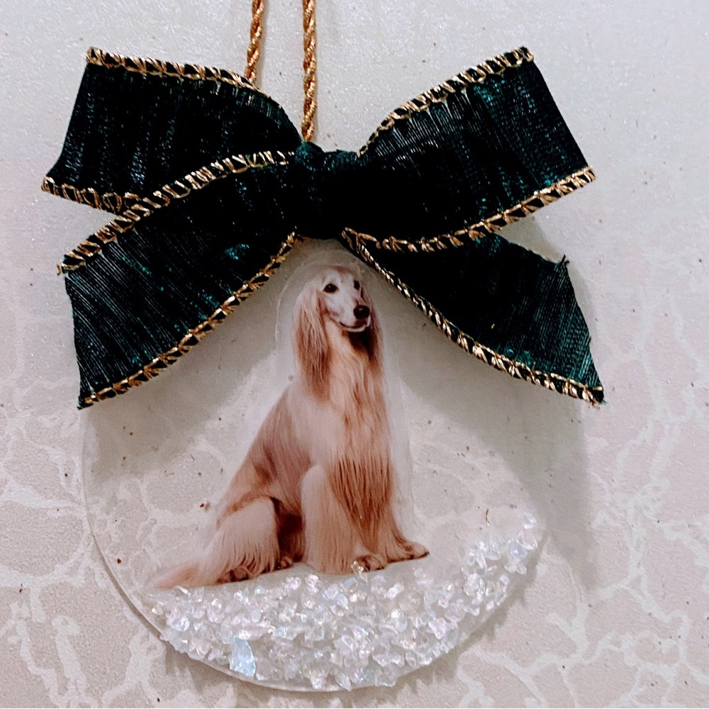 Afghan Hound Dog Ornament or car mirror dangle with green Bow